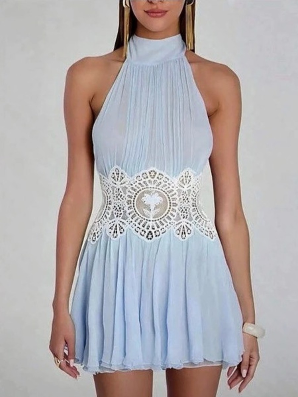 Halter Mini Dress in Blue & White Size Small Like New